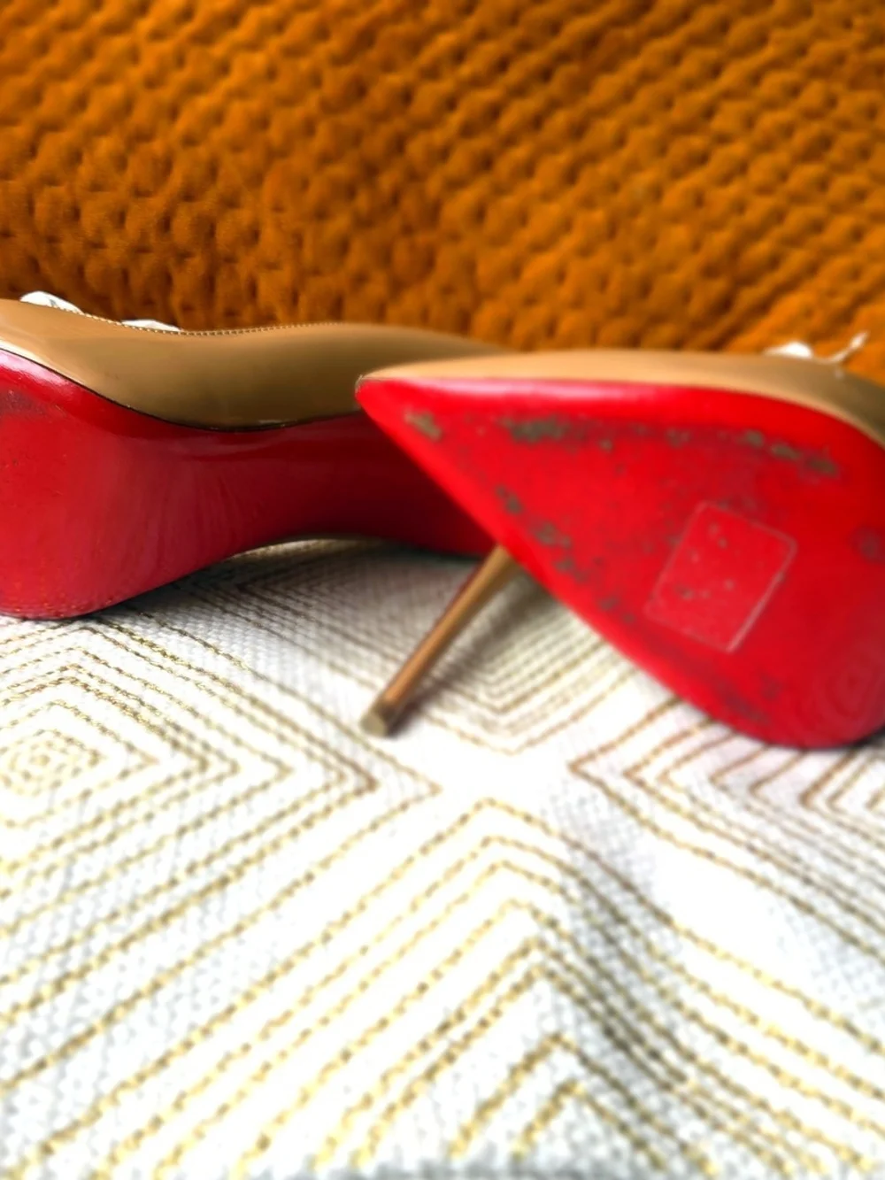 Christian Louboutin Beige Patent Leather Pointed Toe Pumps with Red Soles